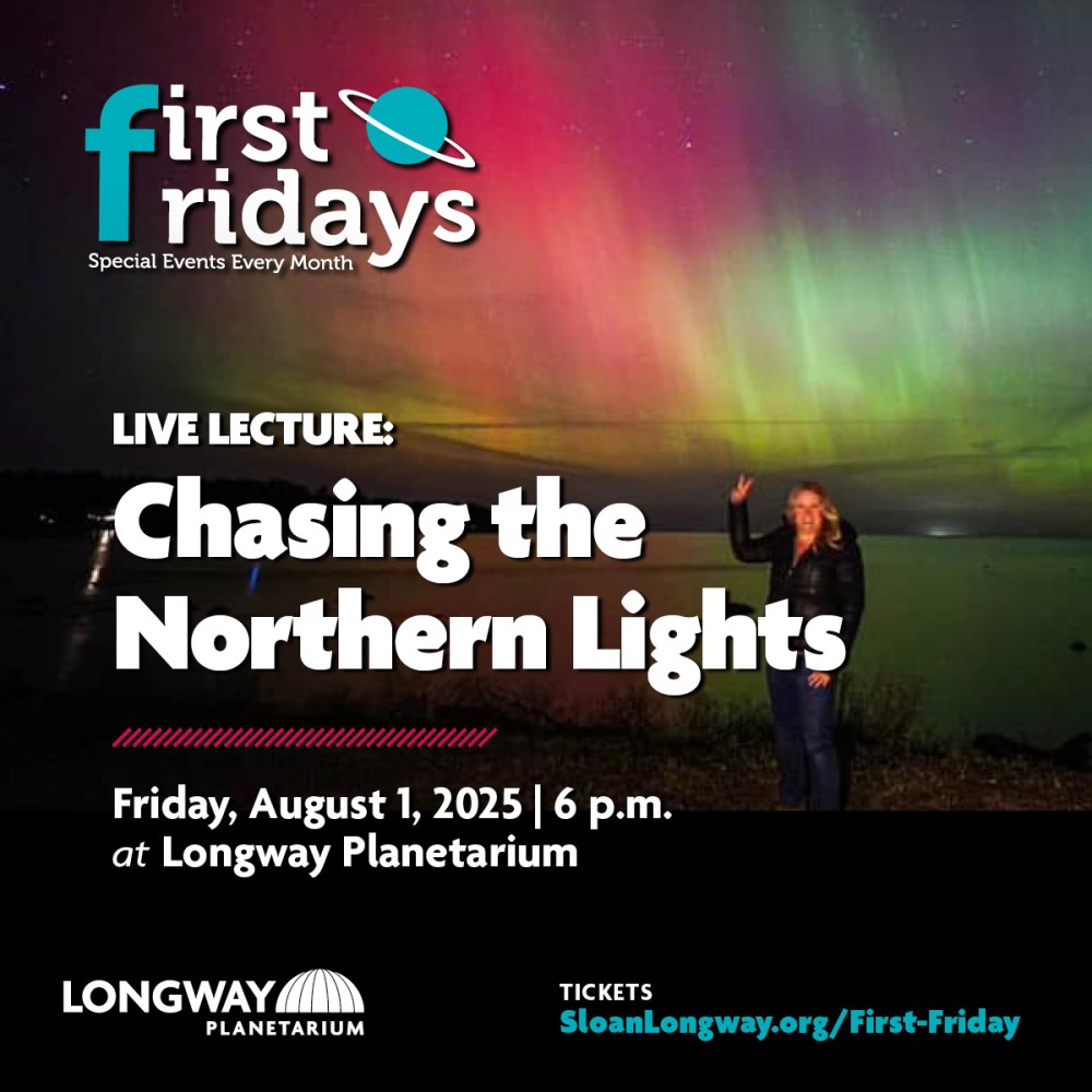 Photo of Melissa under the Aurora in a graphic for First Fridays: Chasing the Northen Lights