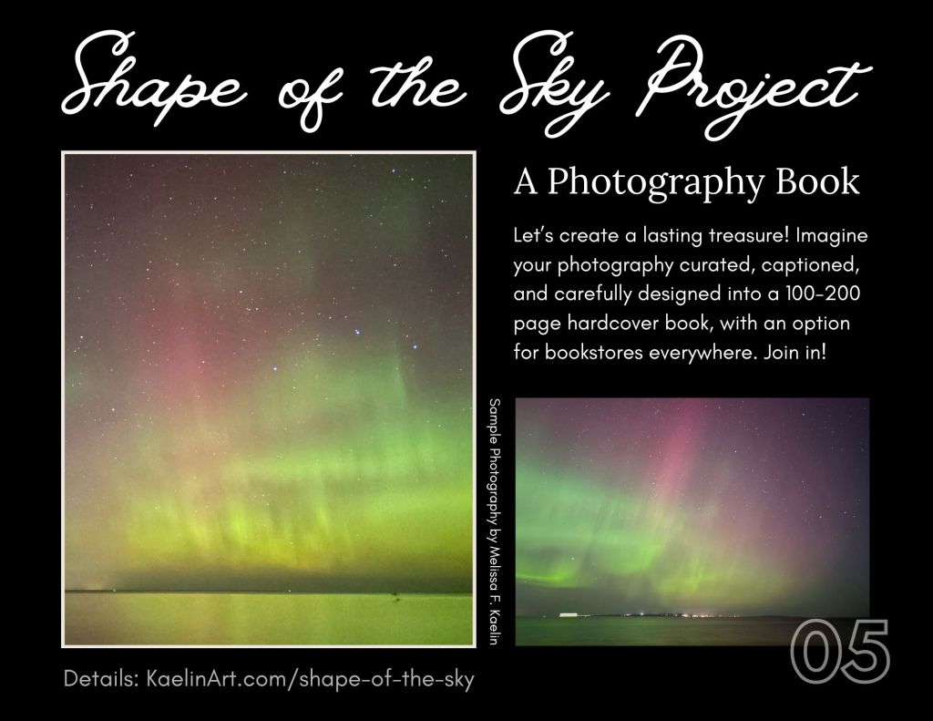 Shape of the Sky Project graphic for a photography book with two Aurora photos. 