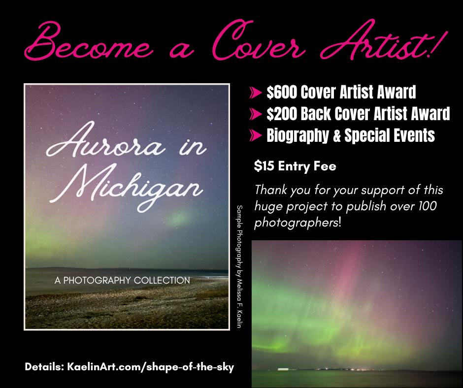 Graphic with cover artist competition details and aurora photos