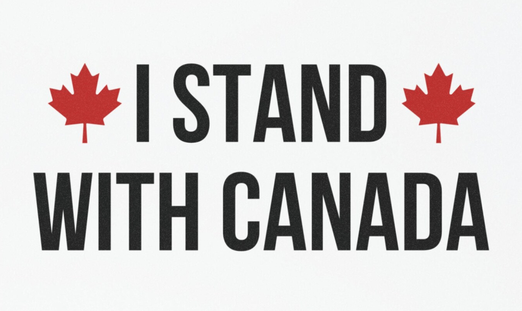 Graphic with maple leaf that says I stand with Canada