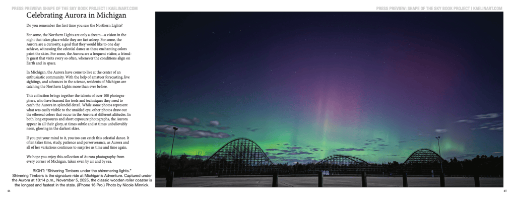 Page preview of the book with writing and Aurora Photo.